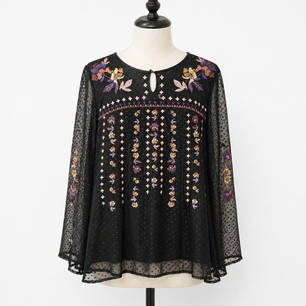 Style & Co Womens 2X Black Sheer Mesh Embroidered Floral Boho Whimsigoth Top